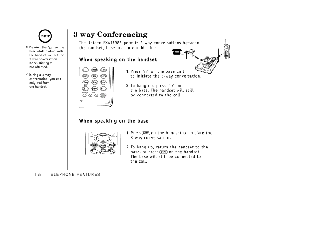 Uniden EXAI3985 manual Way Conferencing, When speaking on the handset, When speaking on the base 