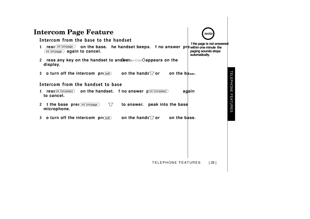 Uniden EXAI3985 manual Intercom/Page Feature, Intercom from the base to the handset, Intercom from the handset to base 