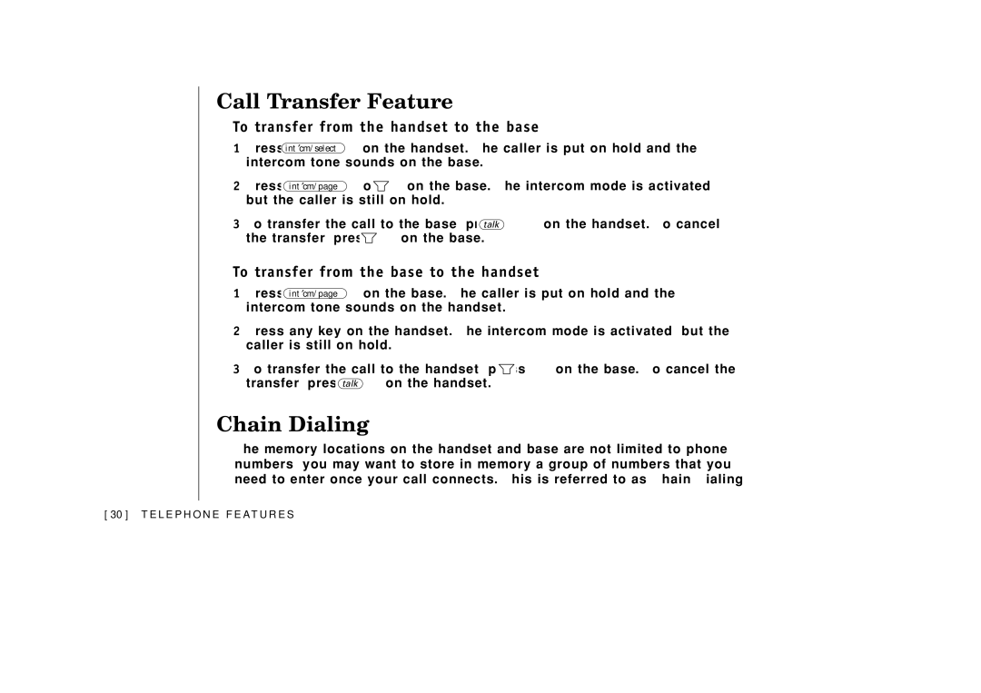 Uniden EXAI3985 manual Call Transfer Feature, Chain Dialing, To transfer from the handset to the base 