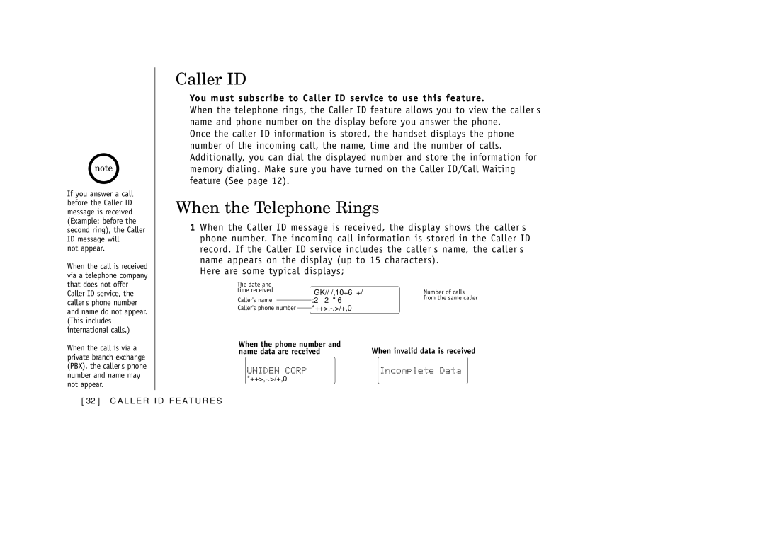 Uniden EXAI3985 manual When the Telephone Rings, You must subscribe to Caller ID service to use this feature 