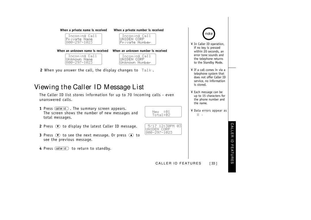 Uniden EXAI3985 manual Viewing the Caller ID Message List, When you answer the call, the display changes to Talk 