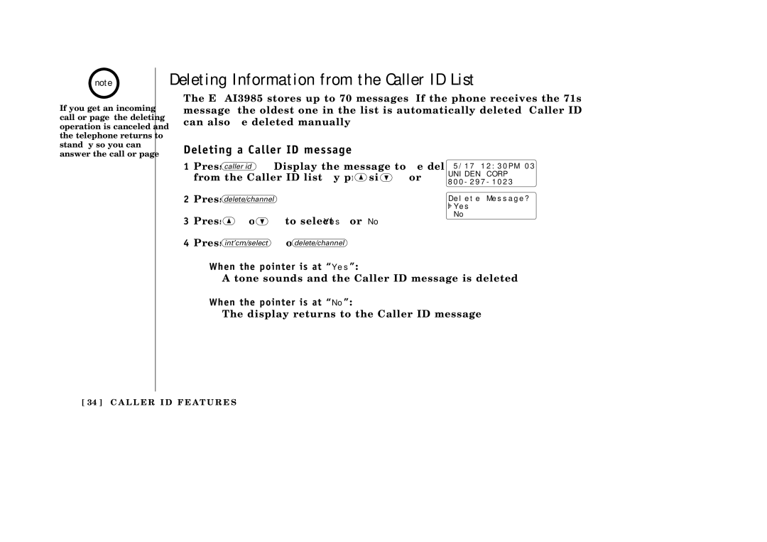 Uniden EXAI3985 Deleting Information from the Caller ID List, Deleting a Caller ID message, When the pointer is at Yes 