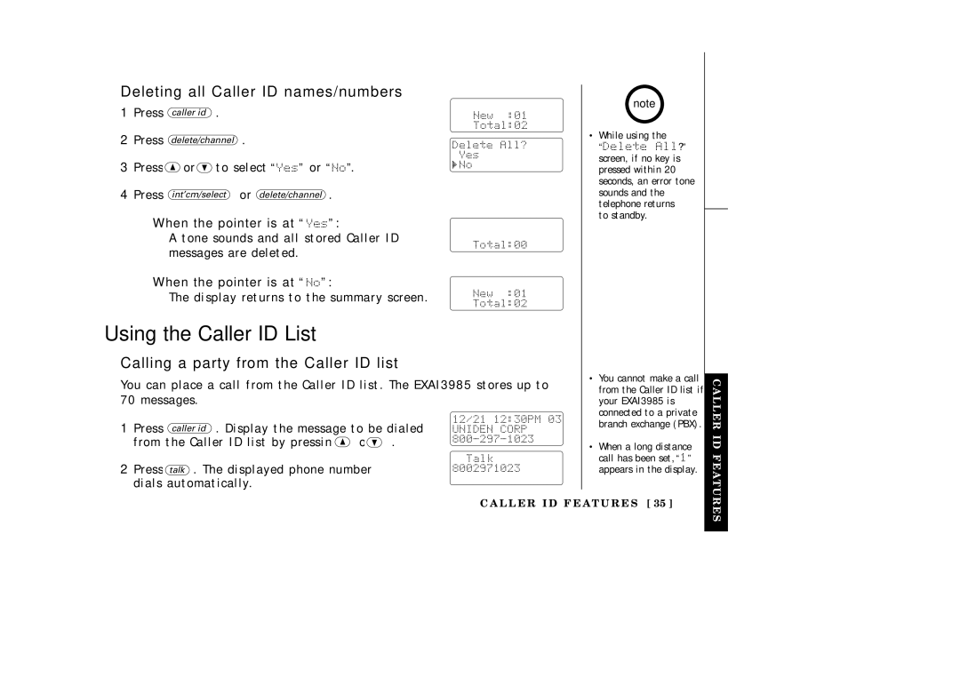 Uniden EXAI3985 Using the Caller ID List, Deleting all Caller ID names/numbers, Calling a party from the Caller ID list 