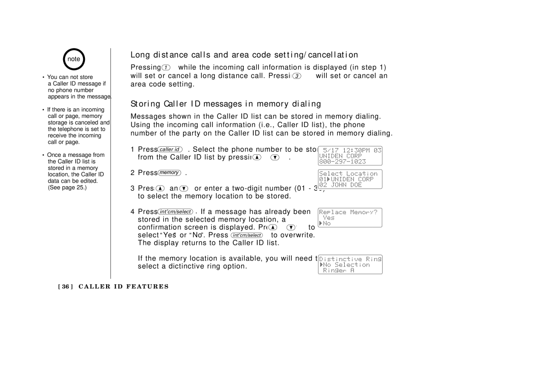 Uniden EXAI3985 manual Long distance calls and area code setting/cancellation, Storing Caller ID messages in memory dialing 