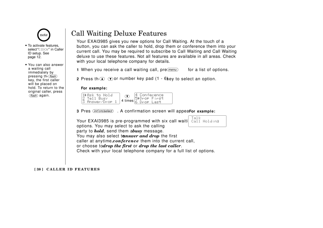 Uniden EXAI3985 manual Call Waiting Deluxe Features, For example 