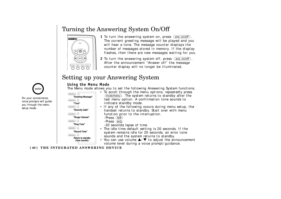 Uniden EXAI3985 manual Turning the Answering System On/Off, Setting up your Answering System, Using the Menu Mode 