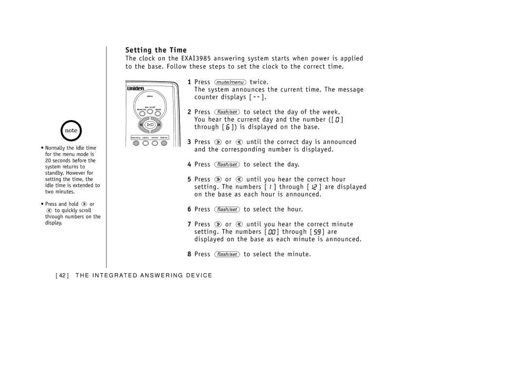 Uniden EXAI3985 manual Setting the Time, To select the minute 