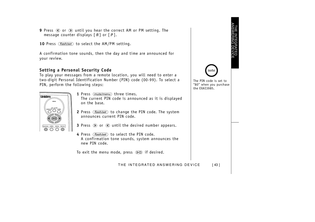 Uniden EXAI3985 manual Setting a Personal Security Code 