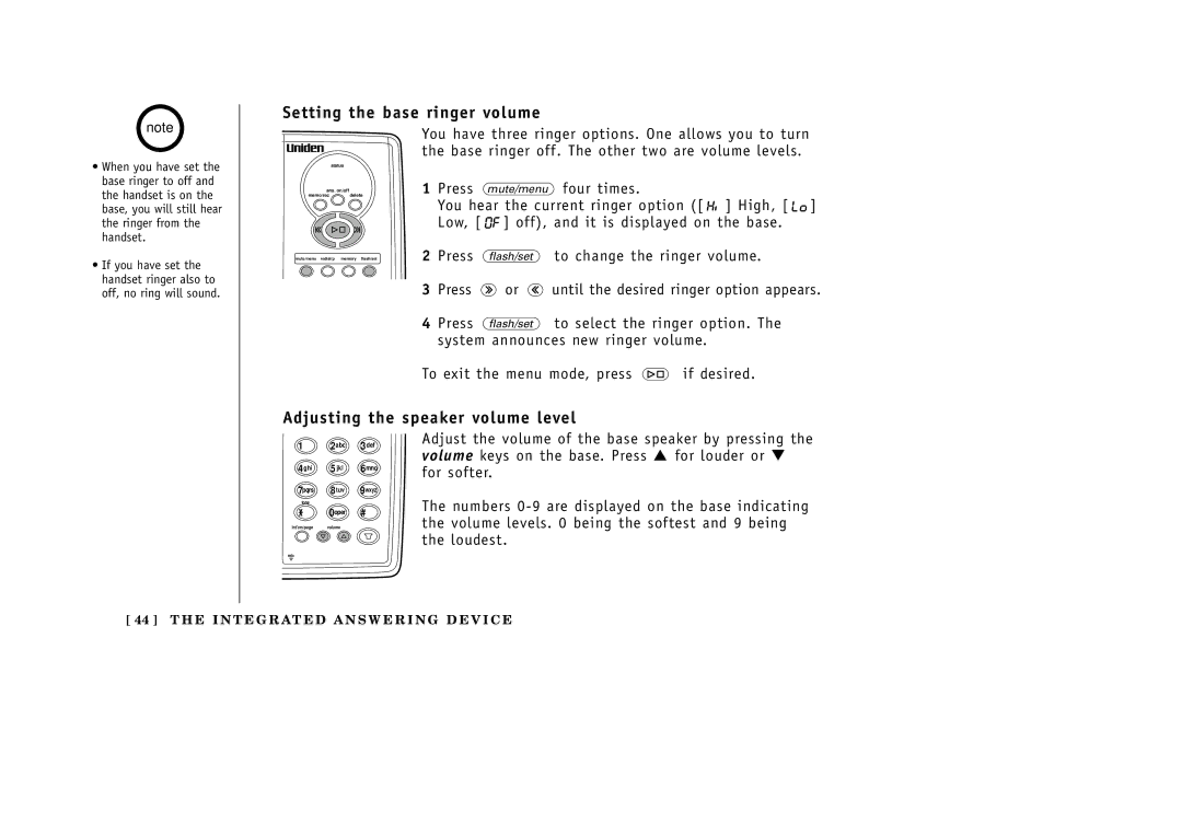 Uniden EXAI3985 manual Setting the base ringer volume, Adjusting the speaker volume level, Four times 