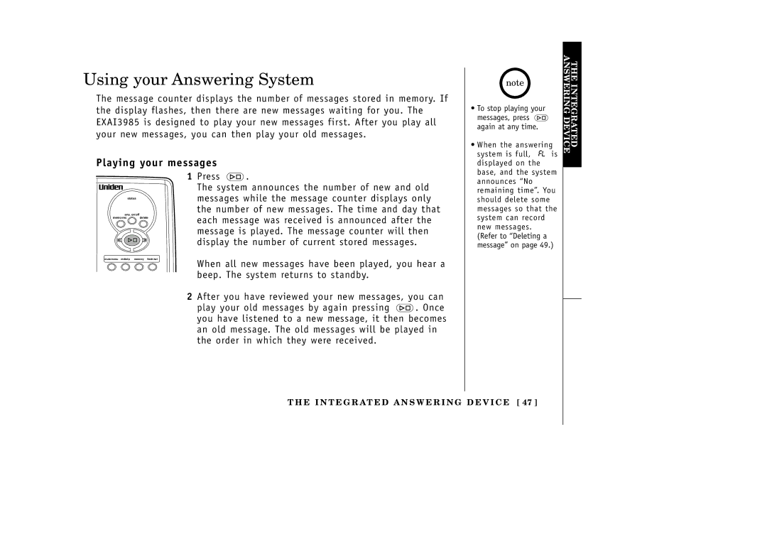 Uniden EXAI3985 manual Using your Answering System, Playing your messages 