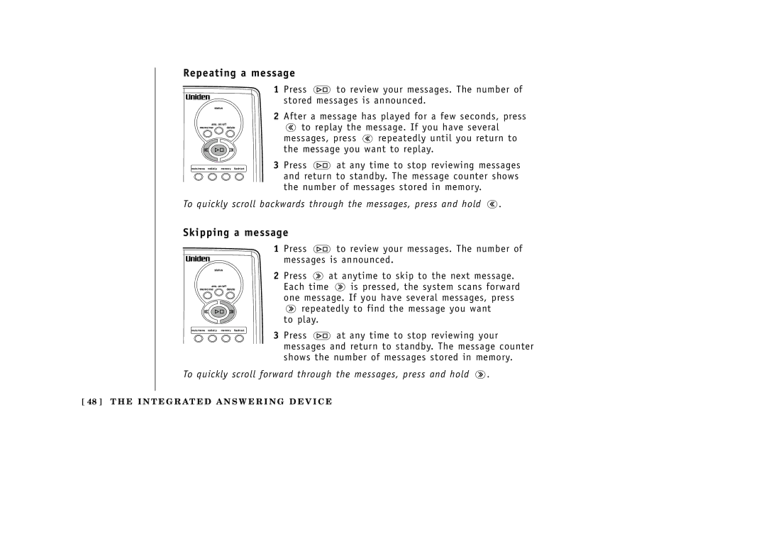 Uniden EXAI3985 manual Repeating a message, Skipping a message 