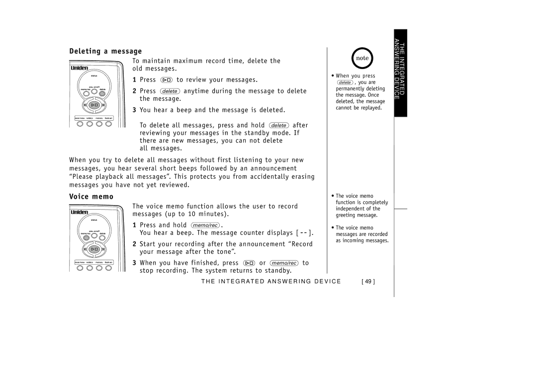 Uniden EXAI3985 manual Deleting a message, Voice memo 