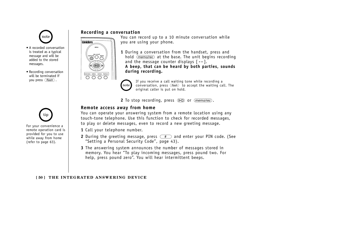 Uniden EXAI3985 manual Recording a conversation, Remote access away from home, To stop recording, press or memo/rec 