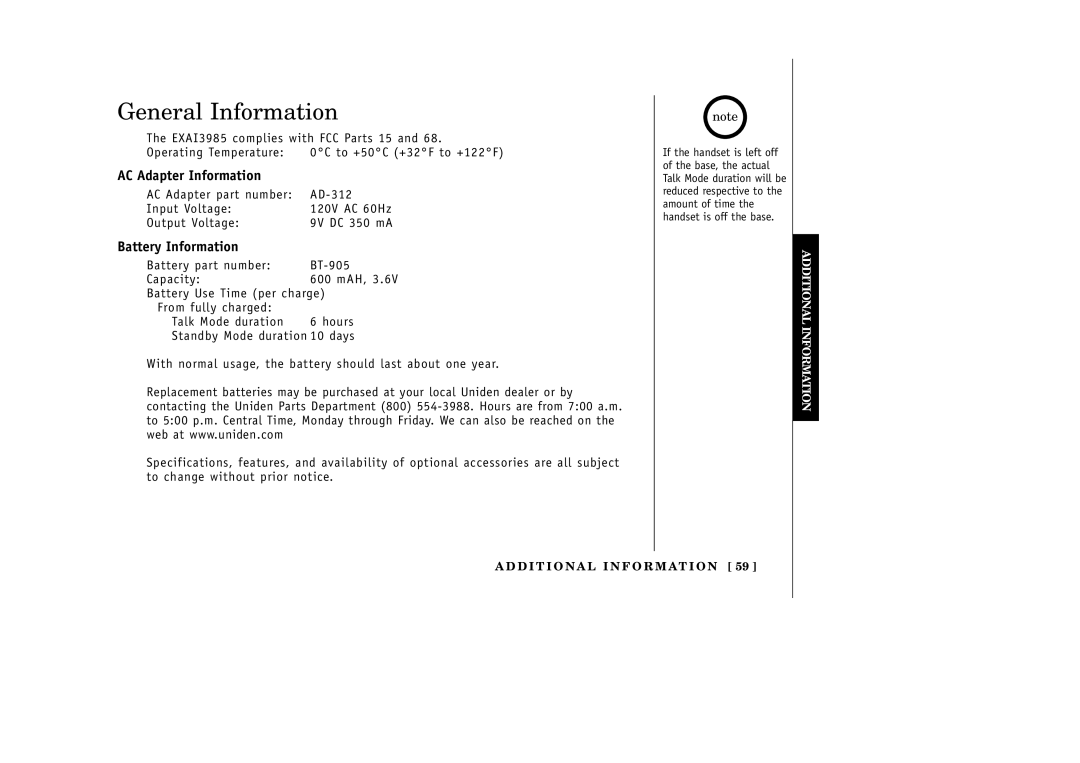 Uniden EXAI3985 manual General Information, AC Adapter Information, Battery Information 