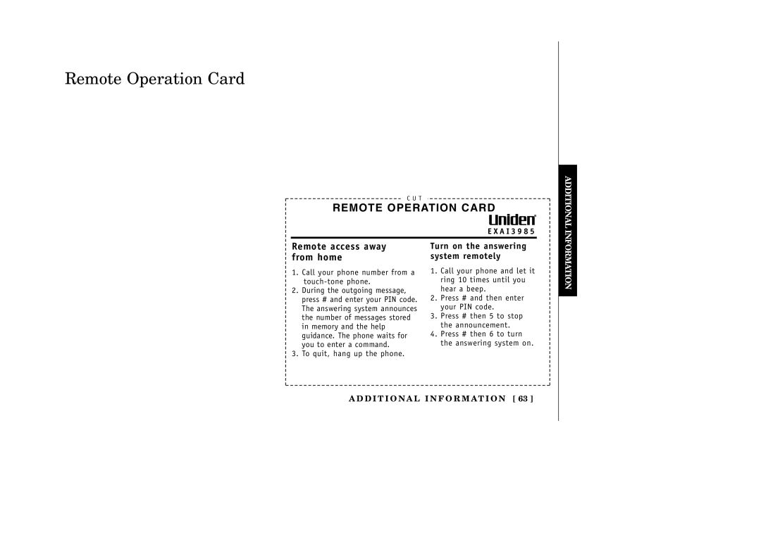 Uniden EXAI3985 manual Remote Operation Card, Remote access away from home 