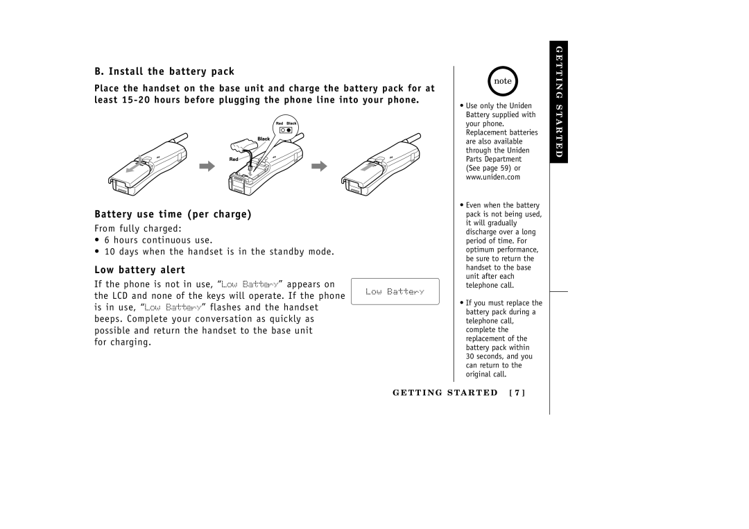 Uniden EXAI3985 manual Install the battery pack, Battery use time per charge, Low battery alert 