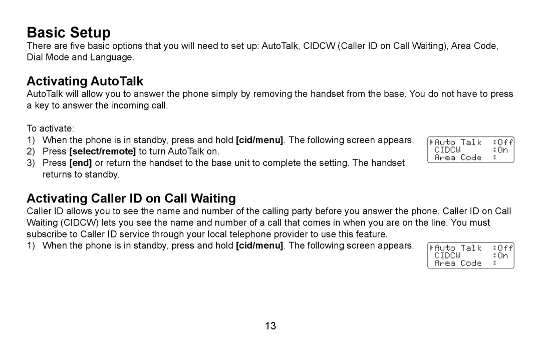Uniden EXAI4580, EXAI4581 manual Basic Setup, Activating AutoTalk, Activating Caller ID on Call Waiting 