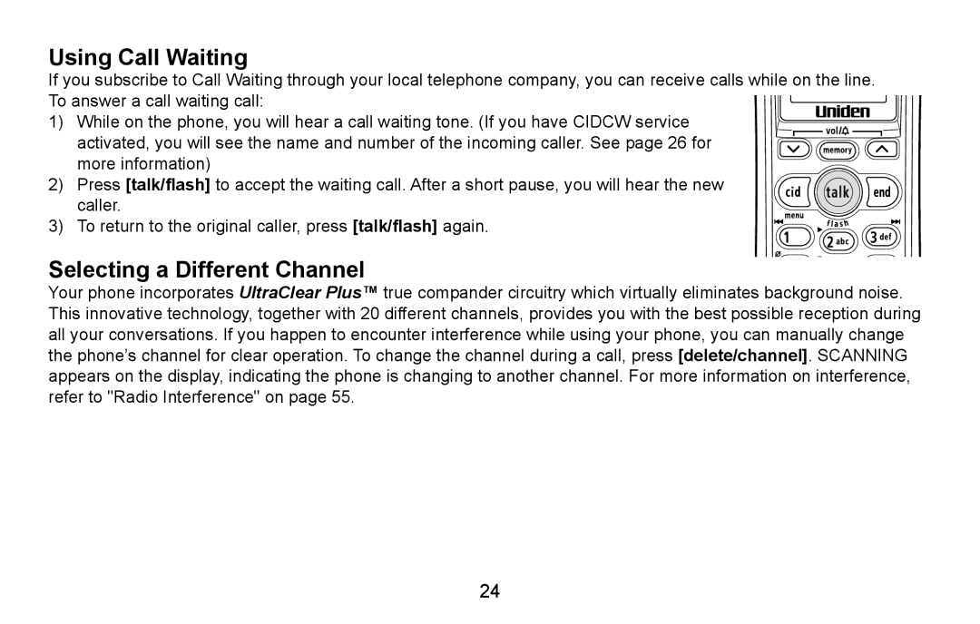 Uniden EXAI4581, EXAI4580 manual Using Call Waiting, Selecting a Different Channel 