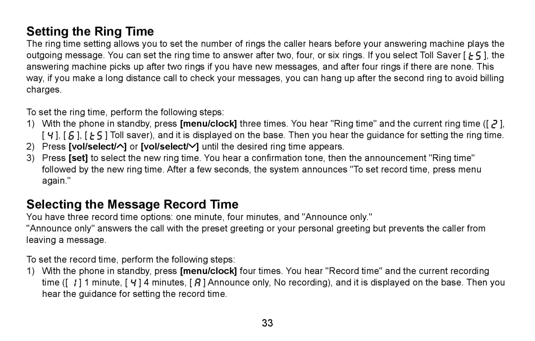 Uniden EXAI4580, EXAI4581 manual Setting the Ring Time, Selecting the Message Record Time 