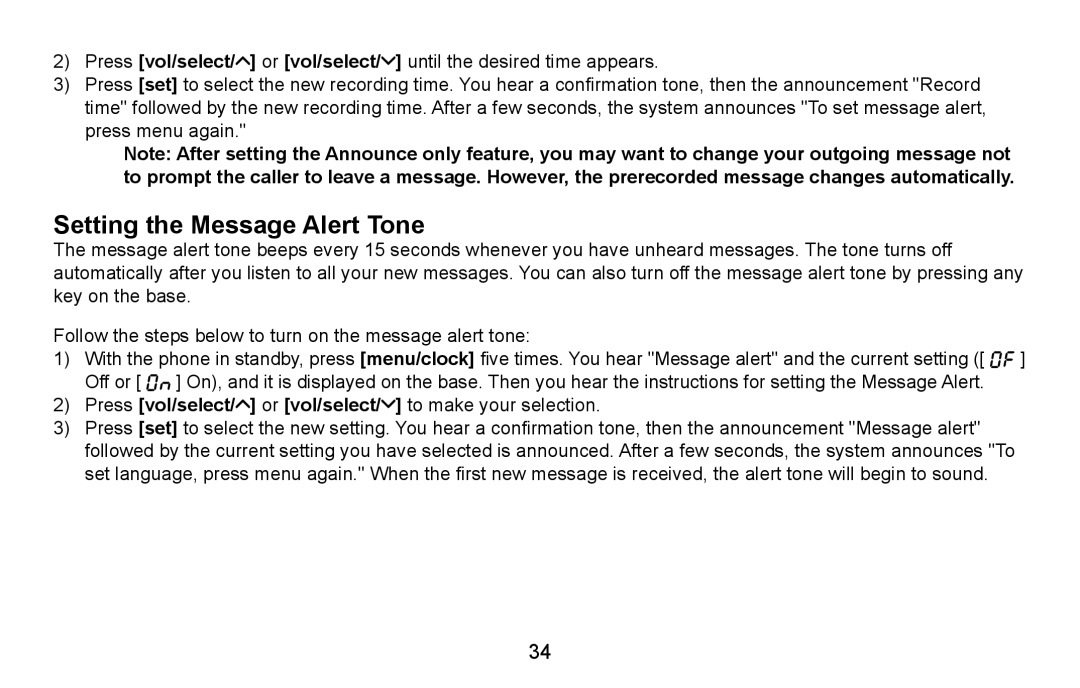 Uniden EXAI4581, EXAI4580 manual Setting the Message Alert Tone, Press vol/select/ or vol/select/ to make your selection 