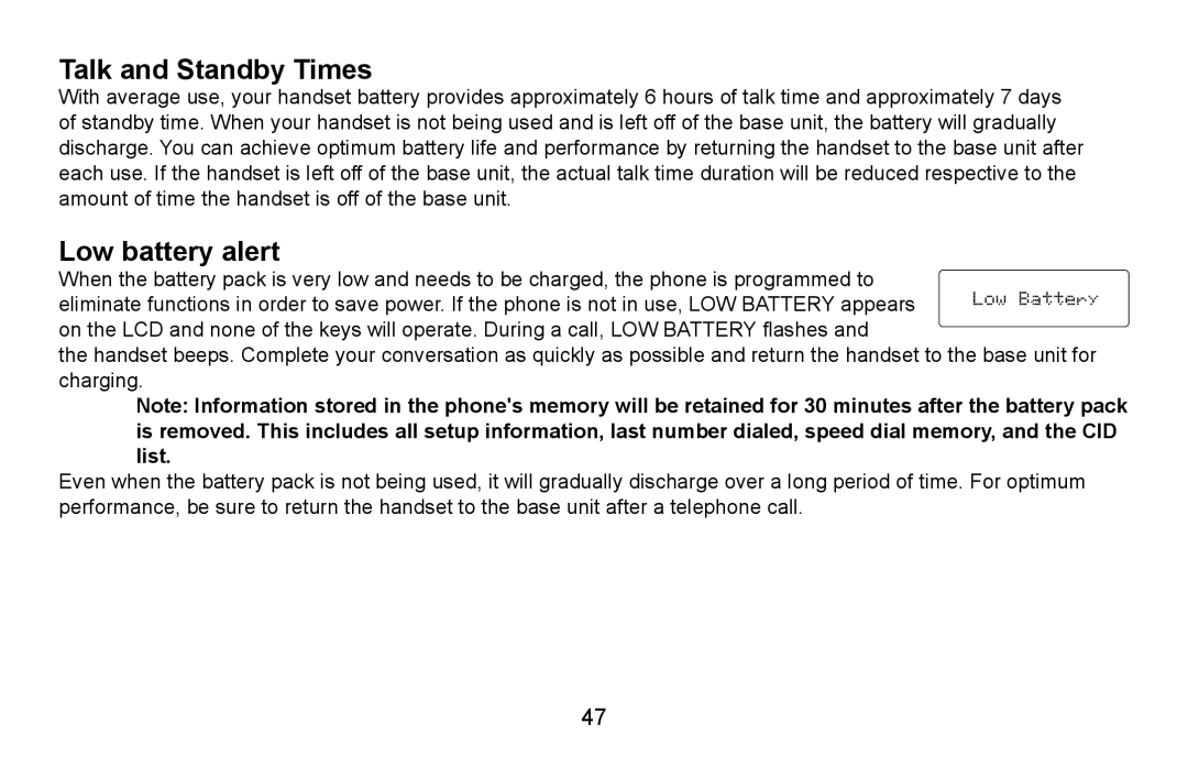 Uniden EXAI4580, EXAI4581 manual Talk and Standby Times, Low battery alert 