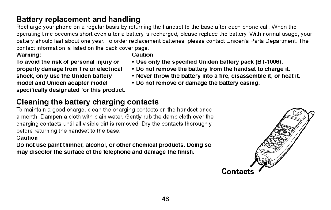 Uniden EXAI4581, EXAI4580 manual Battery replacement and handling, Cleaning the battery charging contacts 