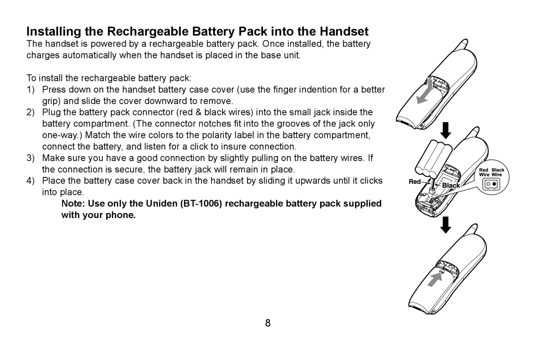 Uniden EXAI4581, EXAI4580 manual Installing the Rechargeable Battery Pack into the Handset 