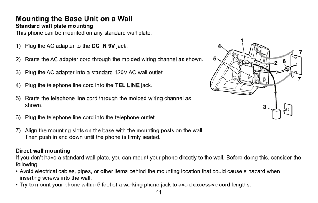 Uniden EXAI5680 Series manual Mounting the Base Unit on a Wall, Standard wall plate mounting, Direct wall mounting 