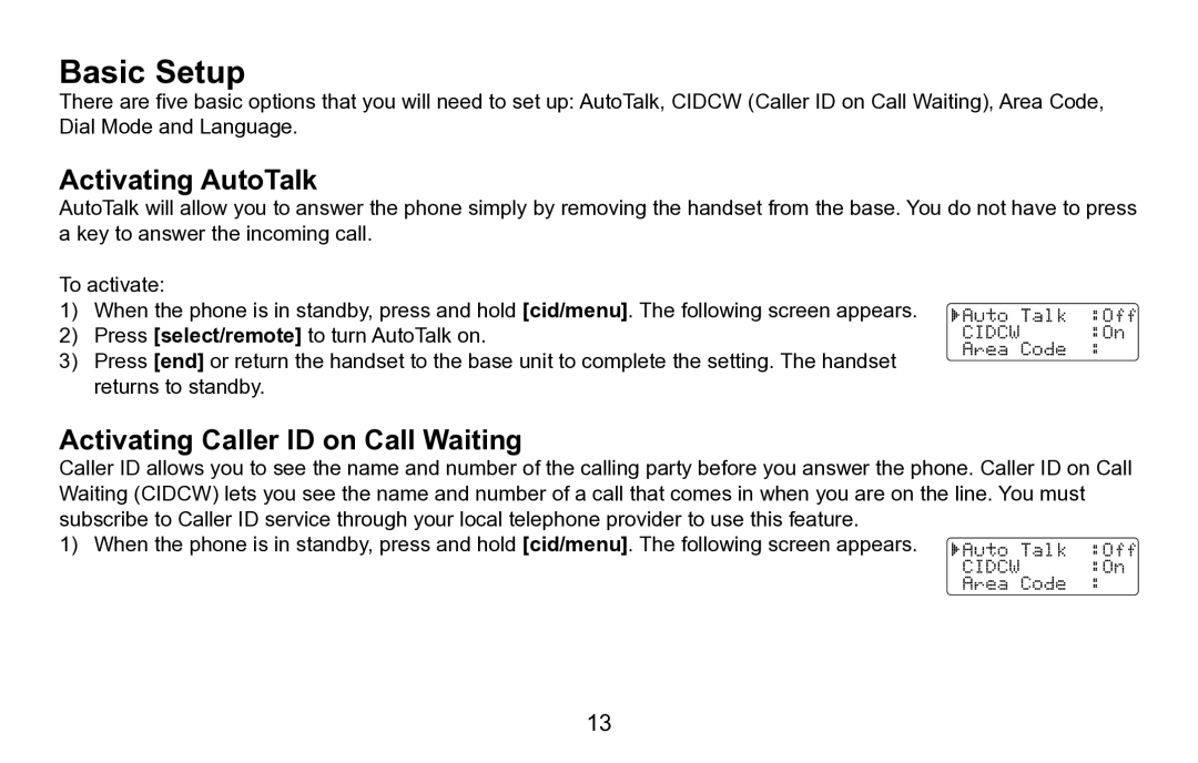 Uniden EXAI5680 Series manual Basic Setup, Activating AutoTalk, Activating Caller ID on Call Waiting 
