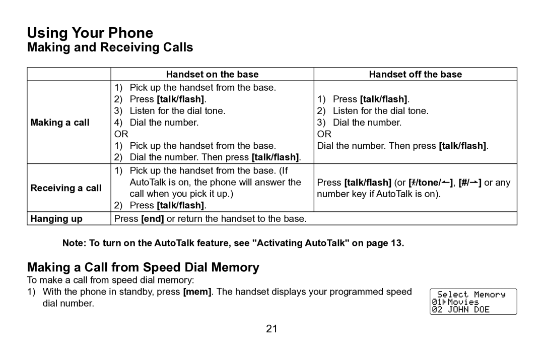 Uniden EXAI5680 Series manual Using Your Phone, Making and Receiving Calls, Making a Call from Speed Dial Memory 