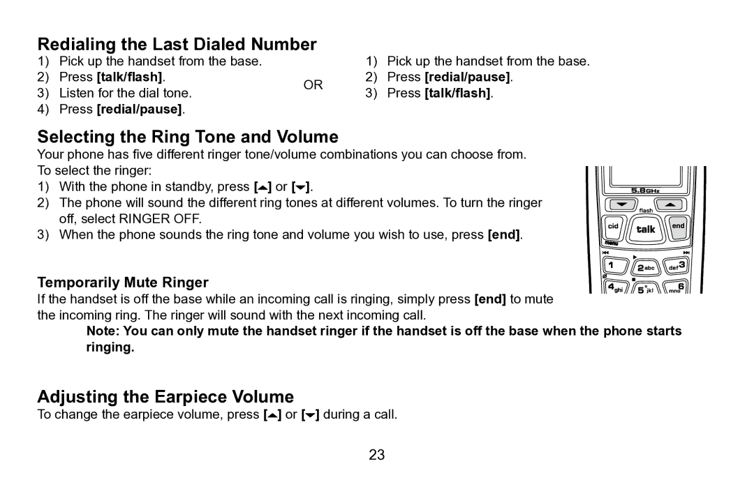 Uniden EXAI5680 Series Redialing the Last Dialed Number, Selecting the Ring Tone and Volume, Adjusting the Earpiece Volume 