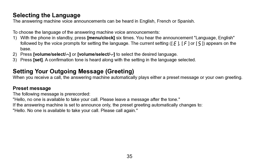 Uniden EXAI5680 Series manual Selecting the Language, Setting Your Outgoing Message Greeting, Preset message 