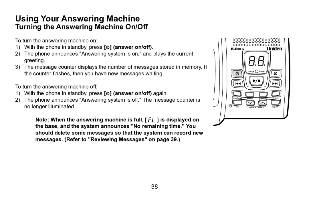 Uniden EXAI5680 Series manual Using Your Answering Machine, Turning the Answering Machine On/Off 