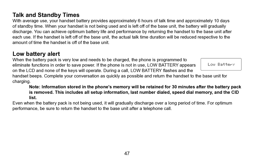 Uniden EXAI5680 Series manual Talk and Standby Times, Low battery alert 