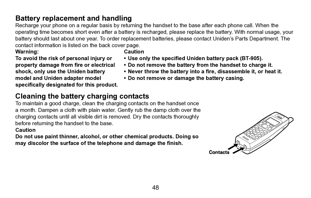 Uniden EXAI5680 Series manual Battery replacement and handling, Cleaning the battery charging contacts 