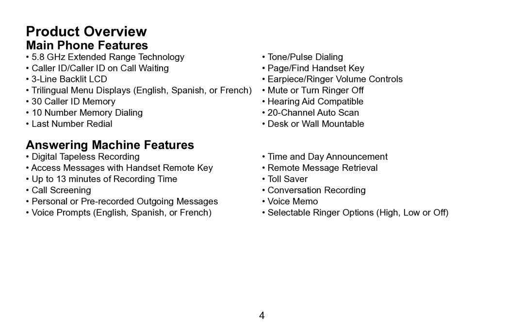 Uniden EXAI5680 Series manual Product Overview, Main Phone Features, Answering Machine Features 