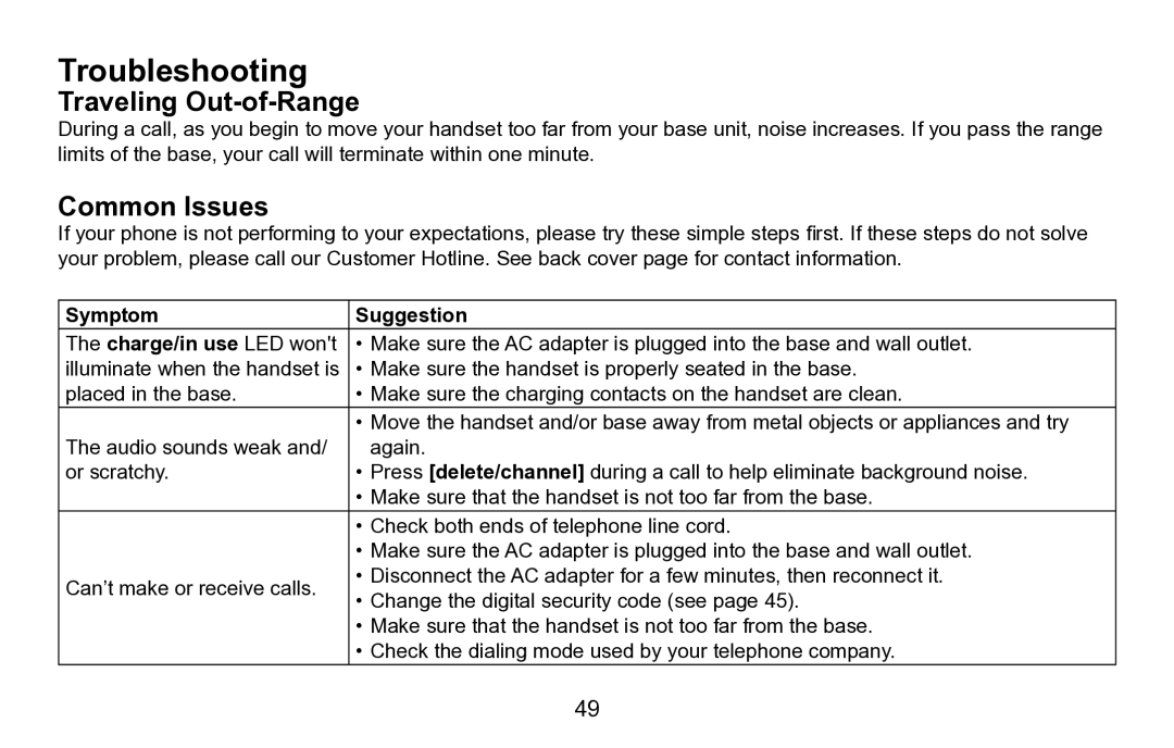 Uniden EXAI5680 Series Troubleshooting, Traveling Out-of-Range, Common Issues, Symptom Suggestion Charge/in use LED wont 