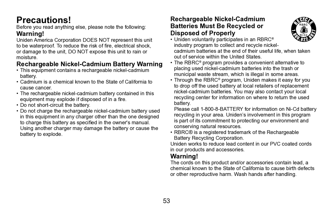 Uniden EXAI5680 Series manual Precautions, Rechargeable Nickel-Cadmium Battery Warning 