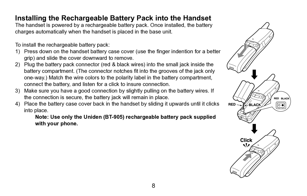 Uniden EXAI5680 Series manual Installing the Rechargeable Battery Pack into the Handset 