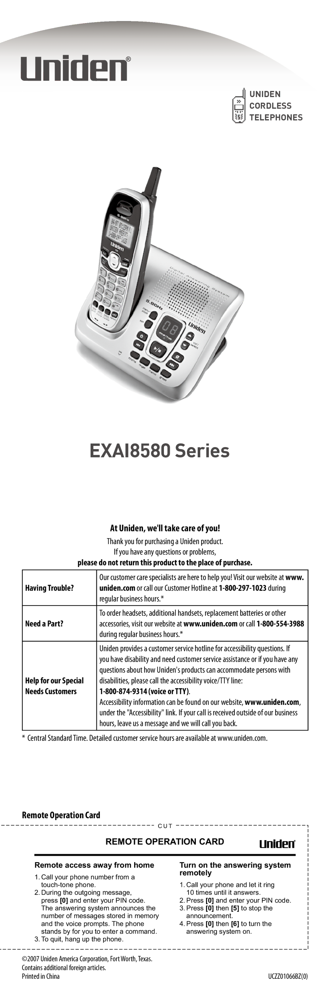 Uniden EXAI8580 manual At Uniden, well take care of you, Remote Operation Card 