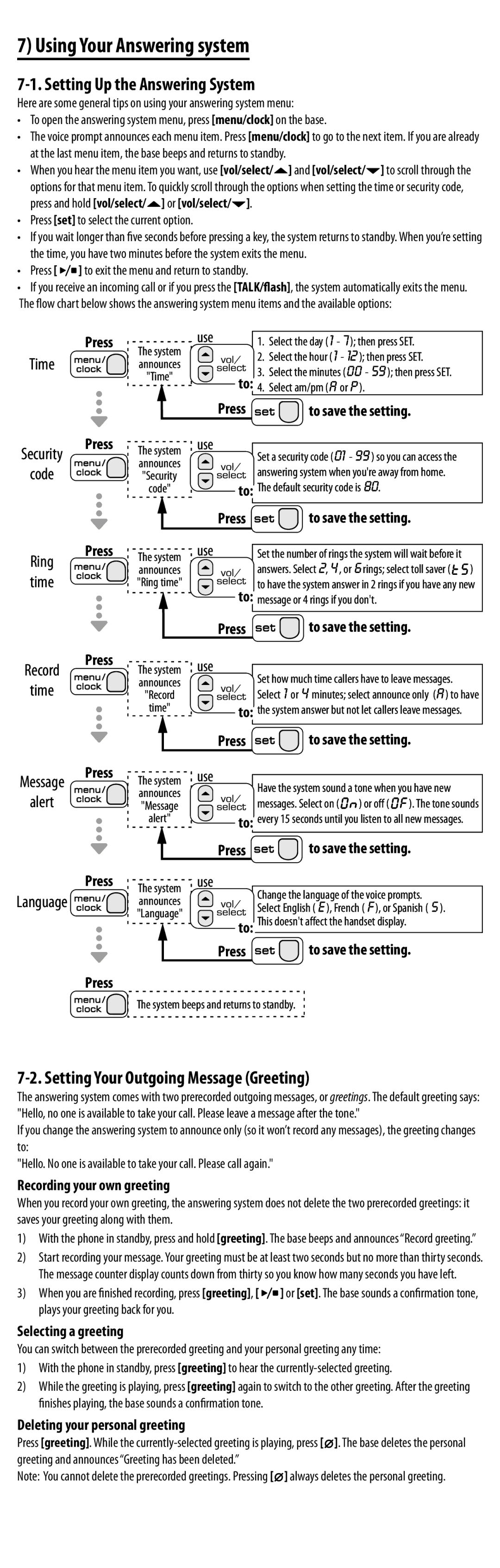 Uniden EXAI8580 manual Using Your Answering system, Setting Up the Answering System, Setting Your Outgoing Message Greeting 