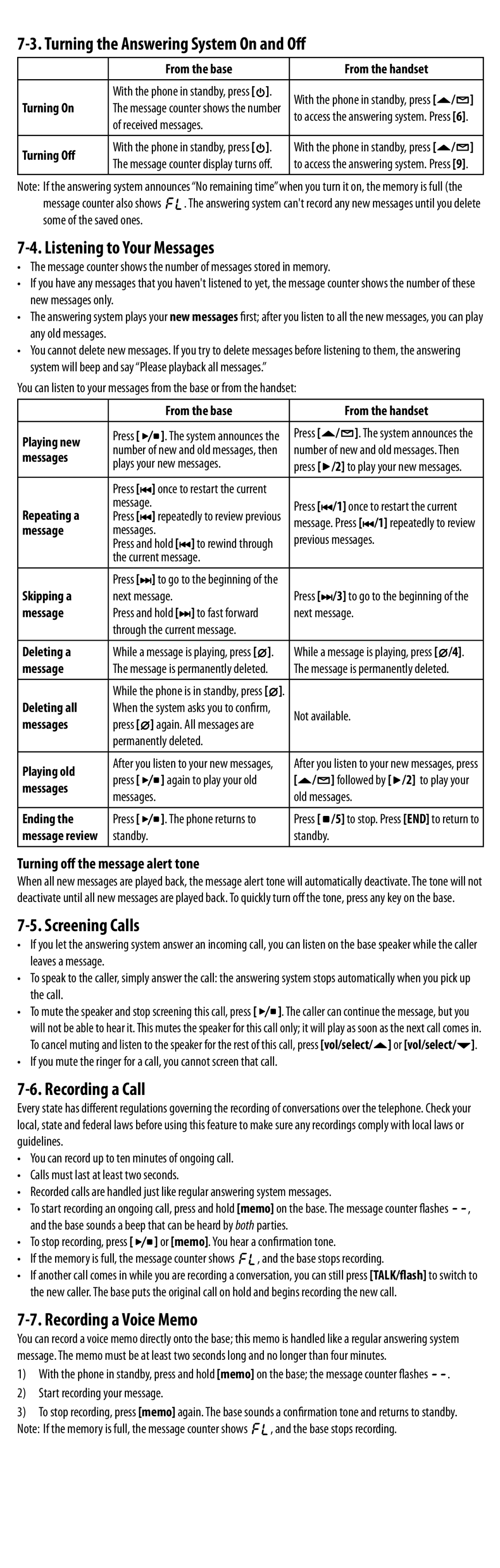 Uniden EXAI8580 Turning the Answering System On and Off, Listening to Your Messages, Screening Calls, Recording a Call 