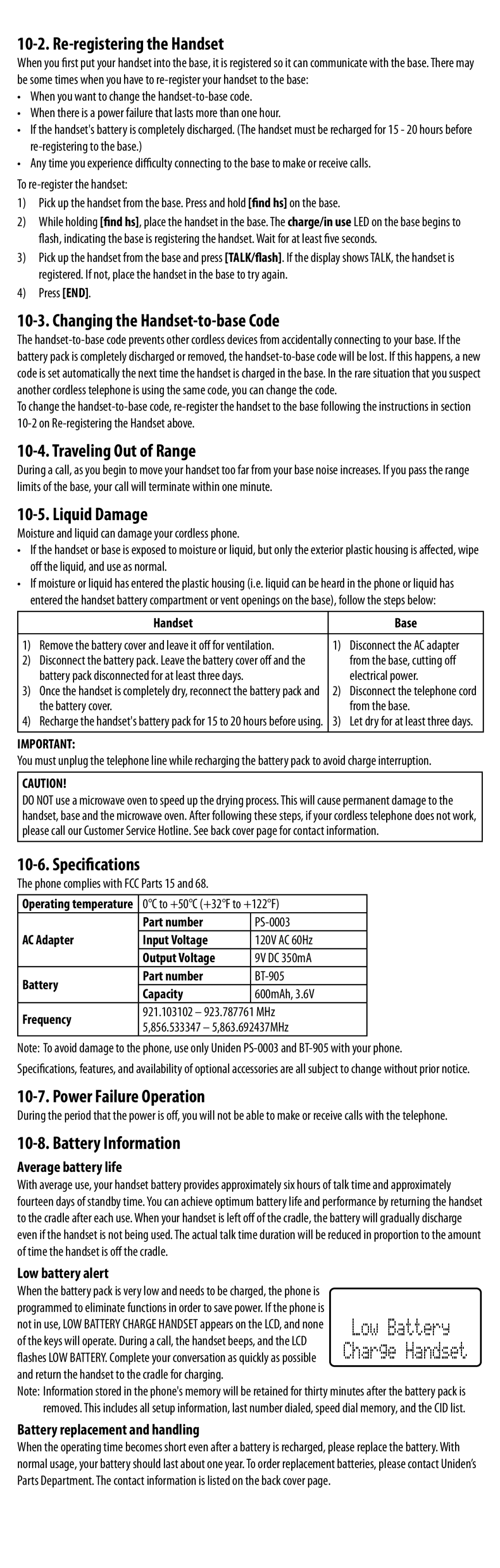 Uniden EXAI8580 manual Re-registering the Handset, Changing the Handset-to-base Code, Traveling Out of Range, Liquid Damage 