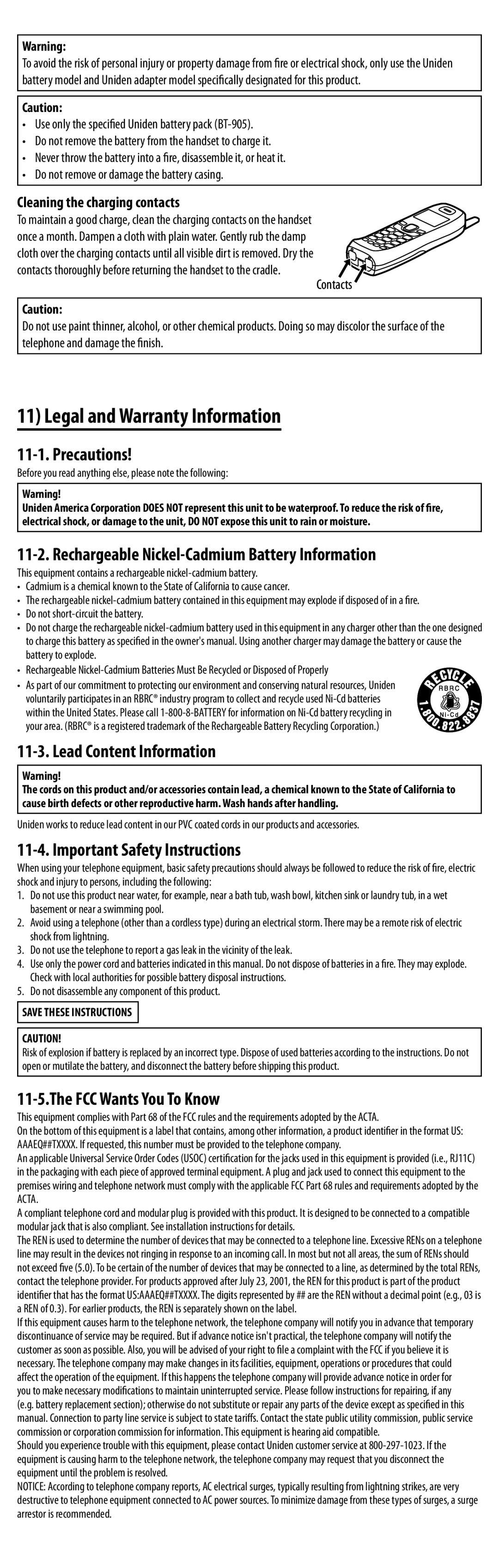 Uniden EXAI8580 manual Legal and Warranty Information, Precautions, Lead Content Information, Important Safety Instructions 