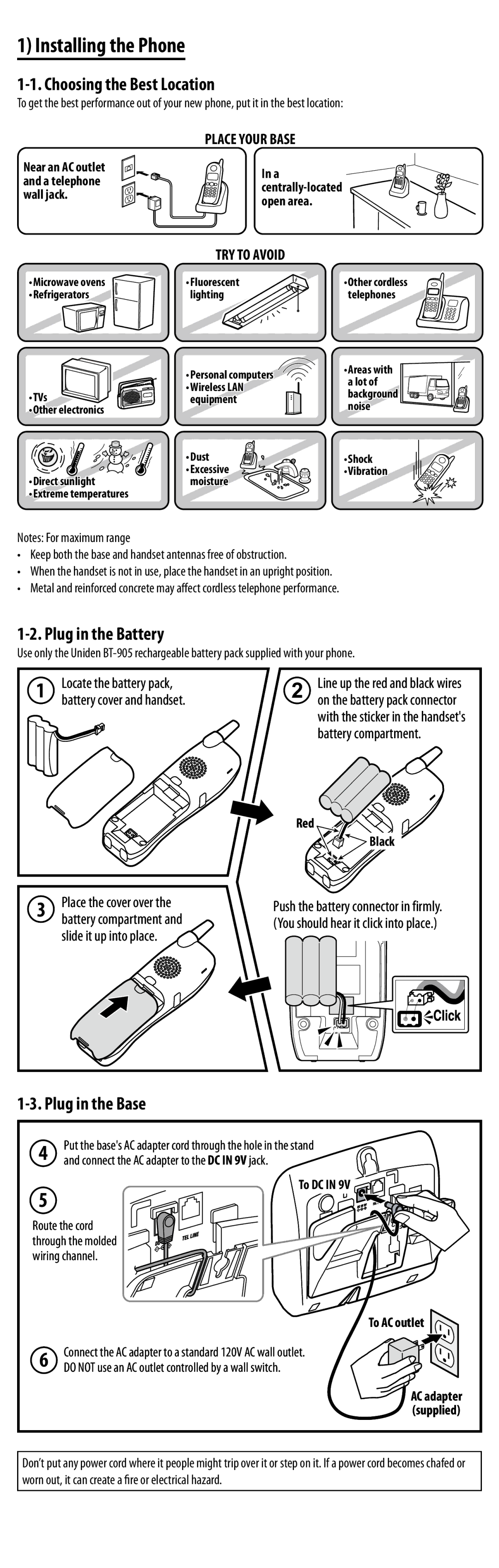 Uniden EXAI8580 manual Installing the Phone, Choosing the Best Location, Plug in the Battery, Plug in the Base 