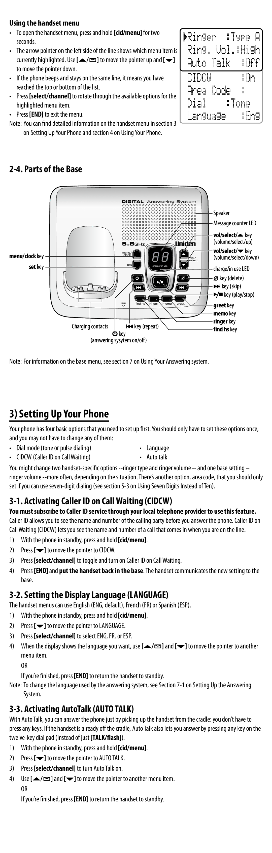 Uniden EXAI8580 manual Setting Up Your Phone, Parts of the Base, Activating Caller ID on Call Waiting Cidcw 