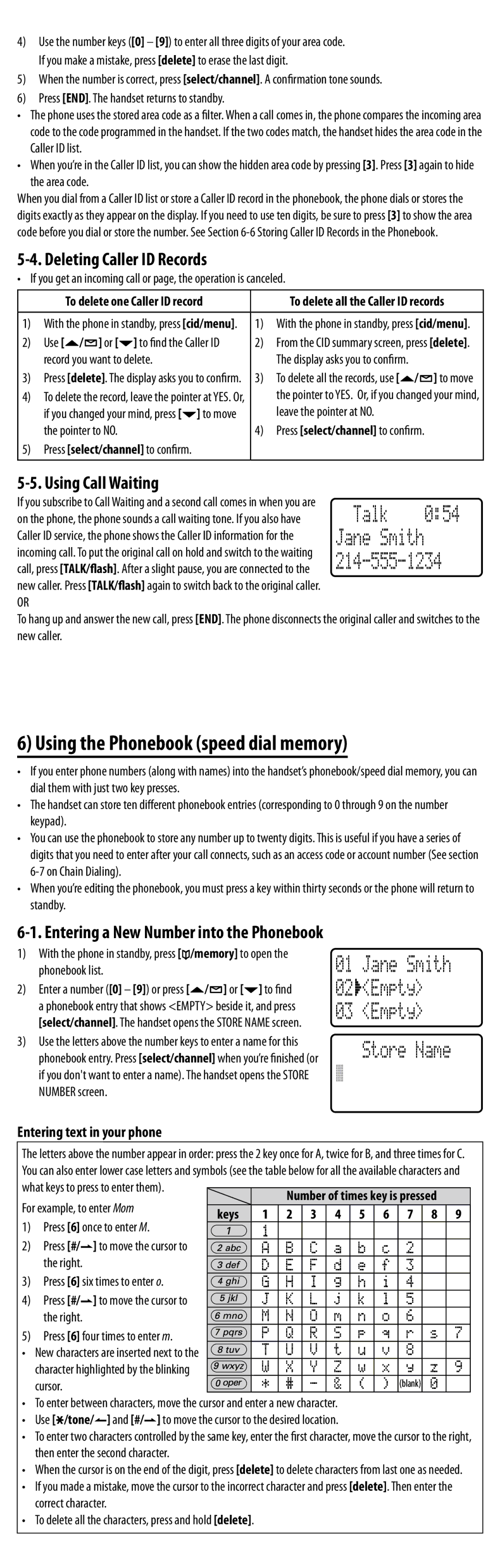 Uniden EXAI8580 manual Using the Phonebook speed dial memory, Deleting Caller ID Records, Using Call Waiting 