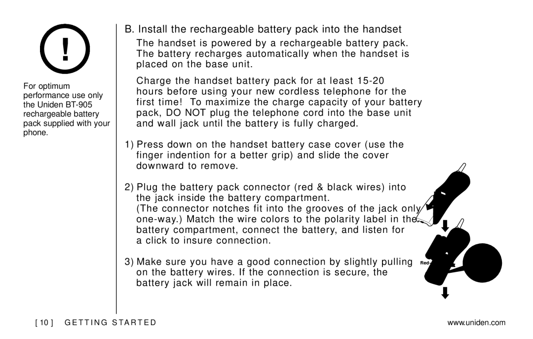 Uniden EXAI978 Series manual Install the rechargeable battery pack into the handset 