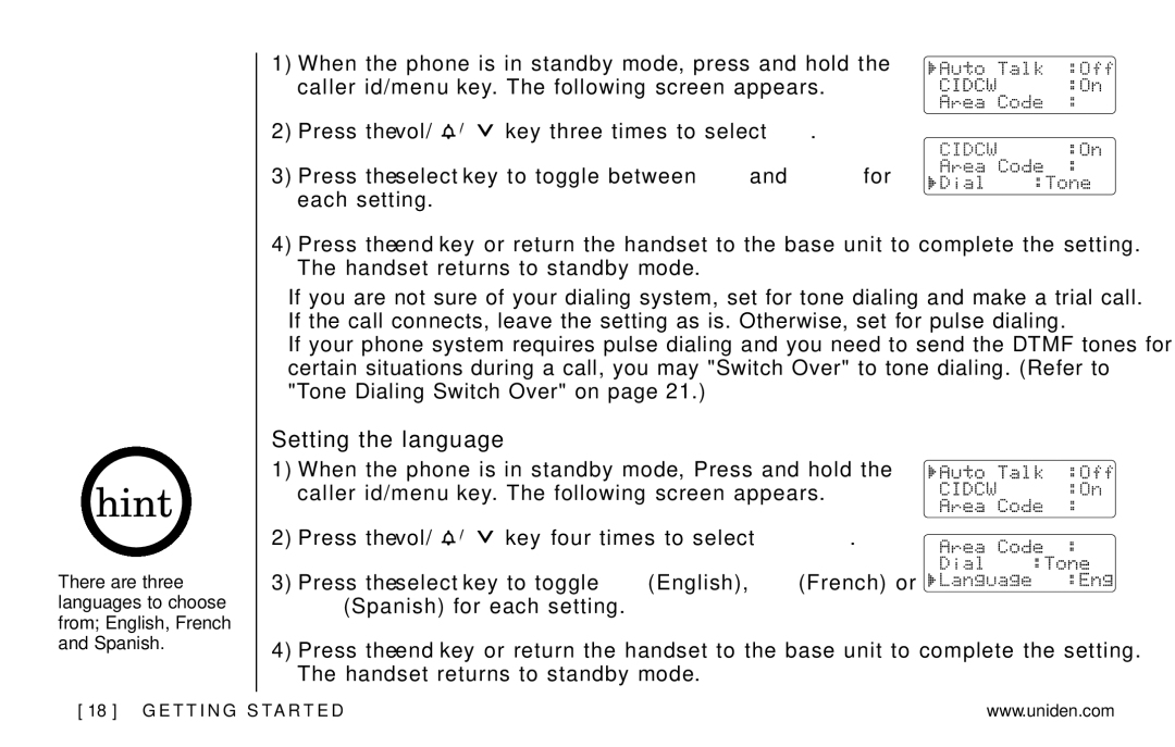 Uniden EXAI978 Series manual Setting the language 