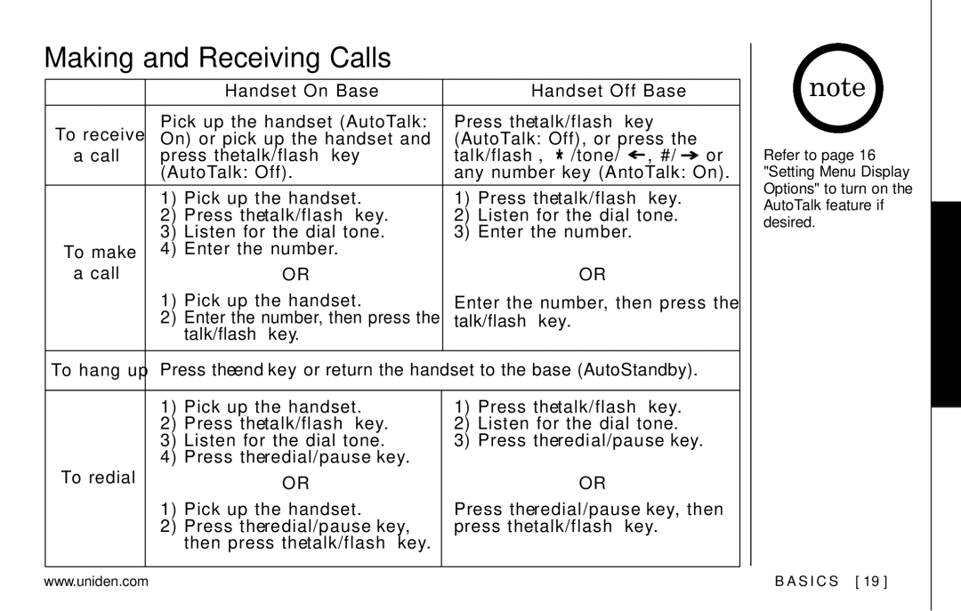 Uniden EXAI978 Series manual Making and Receiving Calls, Handset On Base Handset Off Base 